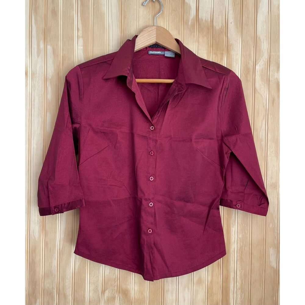Outlooks fitted button up shirt VTG Y2K stretch burgundy classic holiday women M
